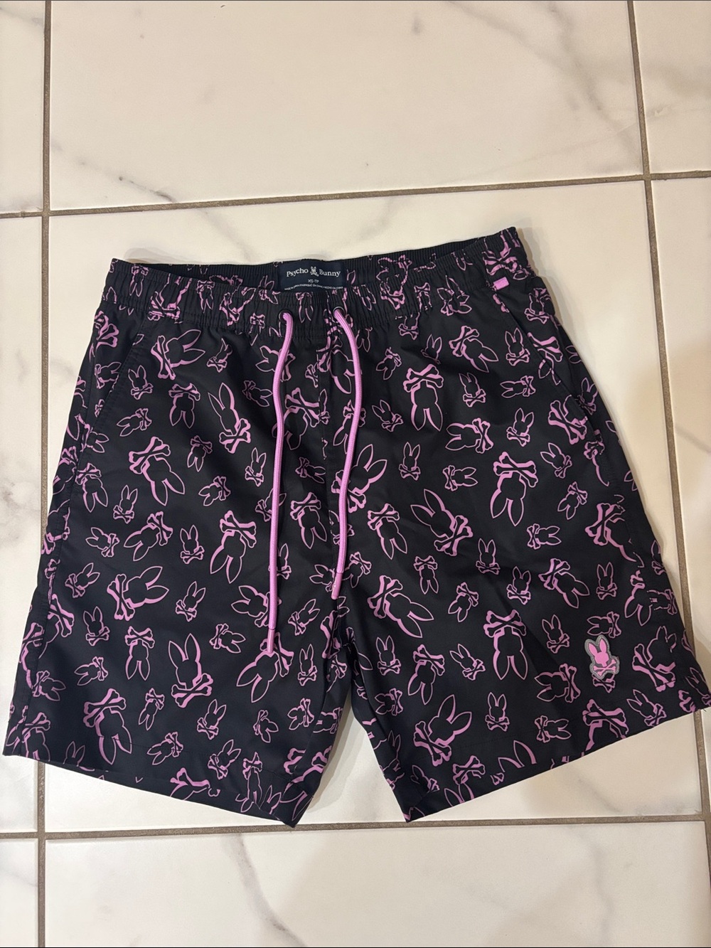 Psycho Bunny Black & Pink Bunny-Print Swim Trunks